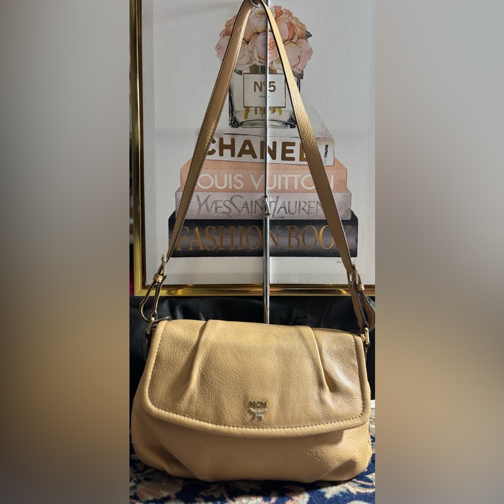 MCM Embossed Tan Leather Shoulder Bag